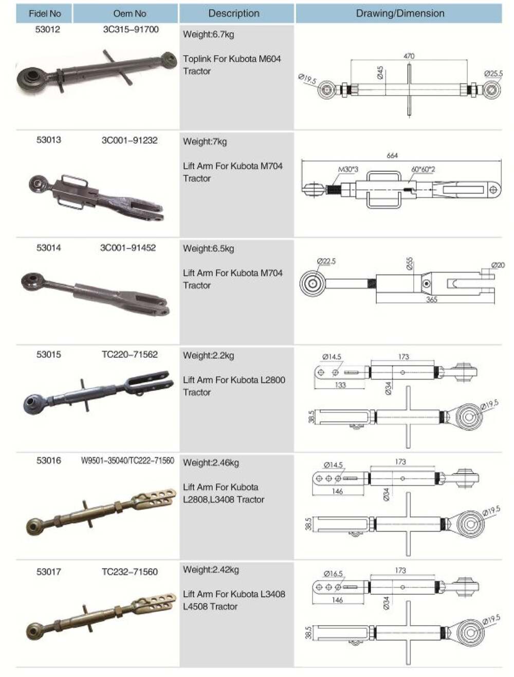 W9501-35040/TC222-71560 Agricultural Spare Parts Lift Arm for Kubota L2808,L3408 Tractor