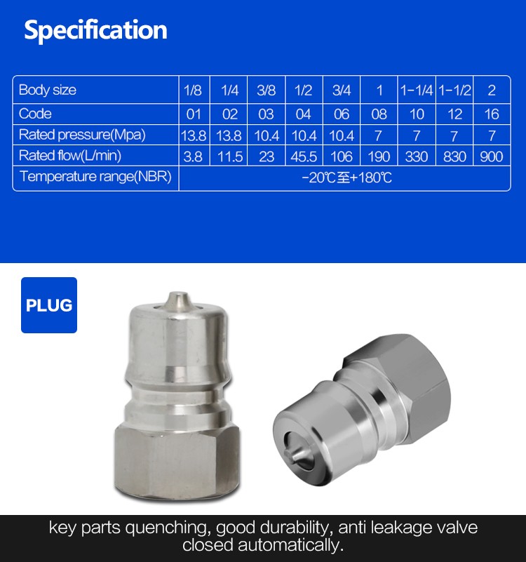 KZF 1/2 Inch  BSP/NPT Thread Female /male 304 Stainless Steel Quick Release Hydraulic Connectors